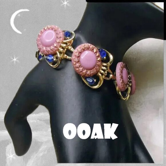 Pink Bracelet with Blue Rhinestone Bracelet One of a Kind Collage Art - Picture 2 of 10